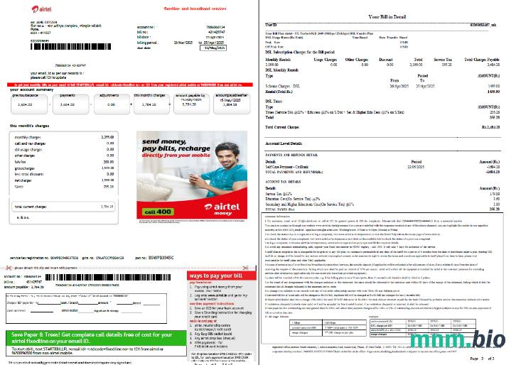 Szablon India Airtel rachunek za media w formatach Word i PDF, 2 strony, Wersja 2